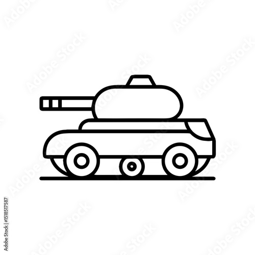 Line art illustration of a military tank in profile view  