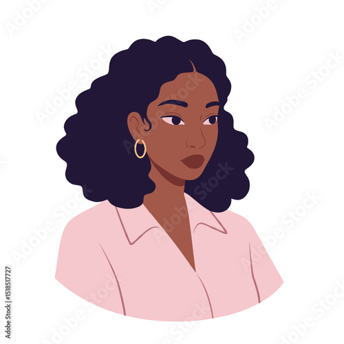 Pensive biracial woman with curly hair wearing a pink shirt 