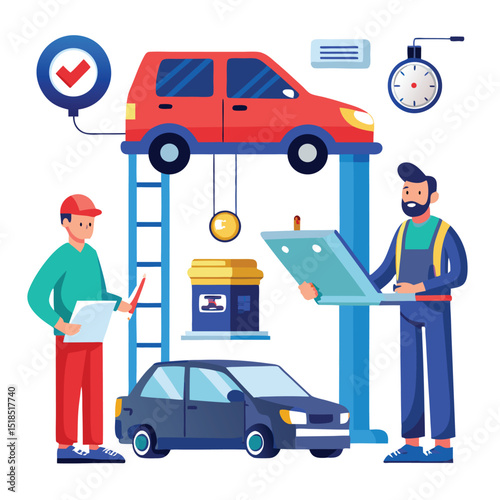 Car Service Illustration Featuring Mechanics Inspection Lift And Checklist For Automotive Repair