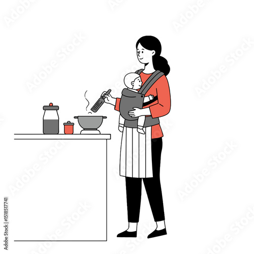 Woman cooking in kitchen with baby carrier during meal preparation  
