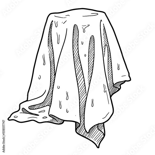 Wet cloth draped and wrinkled with visible droplets on a white background  
