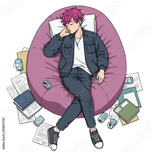 Young man sleeping on bean bag chair surrounded by paperwork and cans  