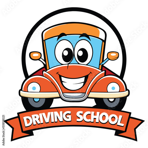 Cartoon Car Driving School Logo With Smiling Character And Banner