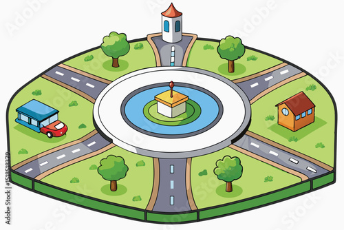 Cartoon Cityscape Illustration With Buildings Trees Road And Circular Fountain