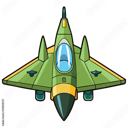 Cartoon Green Fighter Jet Top View Isolated On White Background Illustration