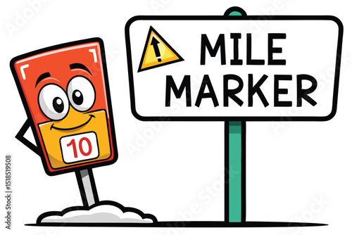 Cartoon Mile Marker Sign With Number Ten Smiling Roadside Landmark