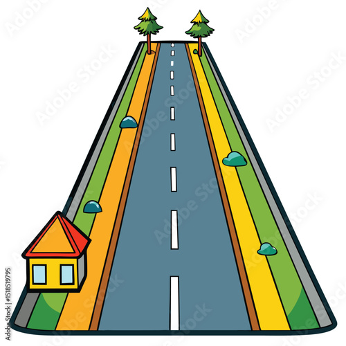 Cartoon Road With House Trees And Shrubs Illustration Road Trip Concept