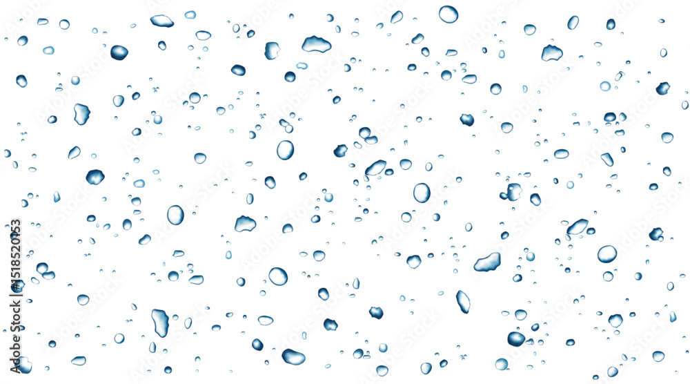 Blue water bubbles and drops spray. Realistic ice particles splash. 3D flying crystal shards. Vector droplet  or gel texture for cosmetics, carbonated drink, soap background.