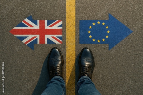 Man standing at a crossroads between the UK and EU flags painted as arrows on asphalt
