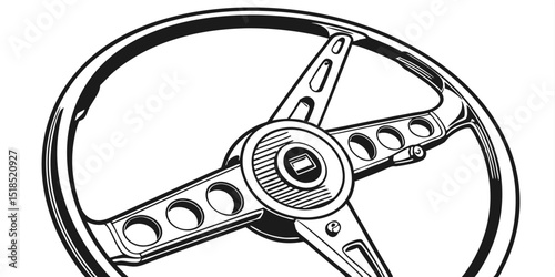 Classic Car Steering Wheel Vector Illustration In Black And White Outline Style
