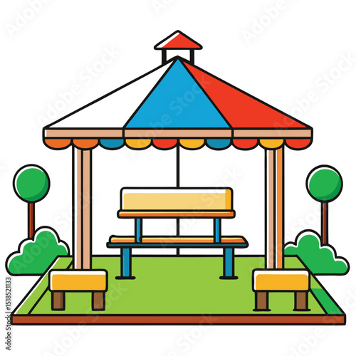 Colorful Cartoon Picnic Area With Shelter And Benches In Park Scene