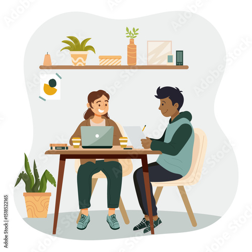 Deux adolescents, étudiants ou lycéens qui travaillent ensemble, assis sur une table dans un salon décoré - Ils sont souriants et révisent - Éducation, enseignement, scolarité, examens