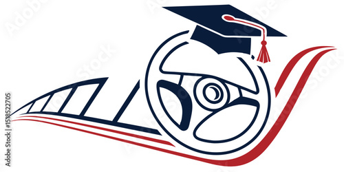 Driving School Education Concept Logo Vector Steering Wheel And Graduation Cap Illustration