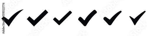 Minimalistic black check mark icons in silhouette style for user interface design, form approval, validation, and selection systems