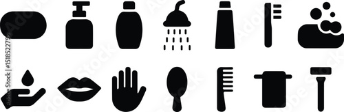 Personal care and beauty product icon set in silhouette style featuring cosmetics, hygiene, spa tools, and grooming essentials