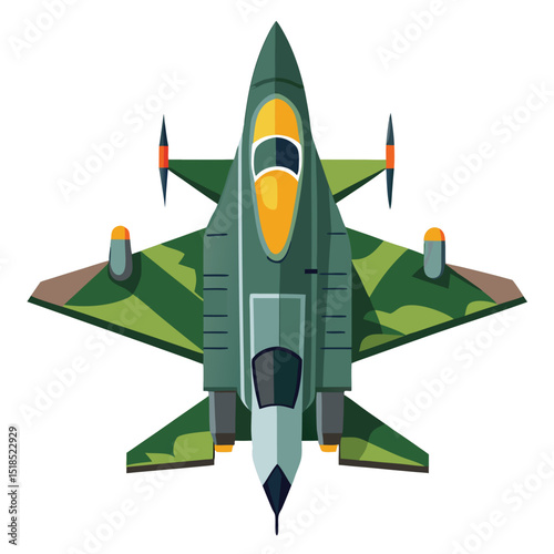 Flat Design Vector Illustration Of A Camouflaged Military Fighter Jet Top View