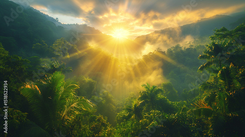 Fototapeta Naklejka Na Ścianę i Meble -  Golden sunburst over tropical rainforest. Sunlight beams through misty jungle canopy at dawn. Ideal for travel, nature, or wellness visuals.