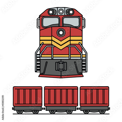 Front View Locomotive With Cargo Train Carriages Modern Line Art Illustration