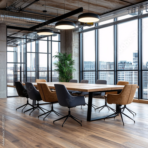 Modern conference room with industrial design featuring wooden table, colorful chairs, and city view windows