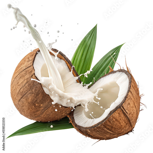 fresh coconut splashing milk and leaves png tropical coconut drink png milk splash effect png coconut water pour png transparent background image