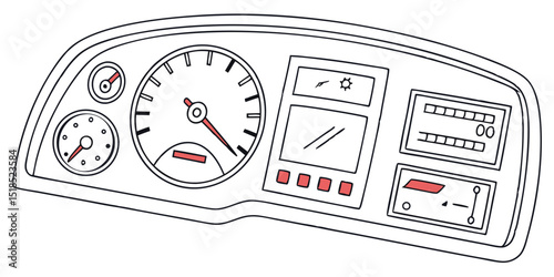 Illustration Of Car Dashboard With Speedometer And Various Gauges On White