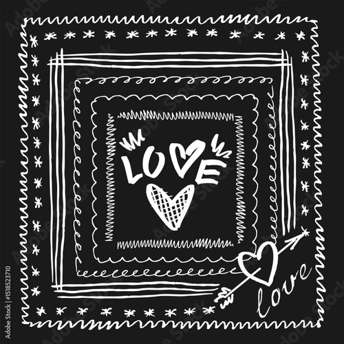 Decorative card, poster with handwritten elements - declaration of love. White image on black background. Doodles and squiggles. Vector illustration