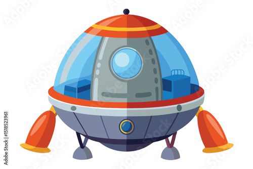 Isolated Cartoon Spaceship With Dome Shaped Clear Glass And Red Accent Design
