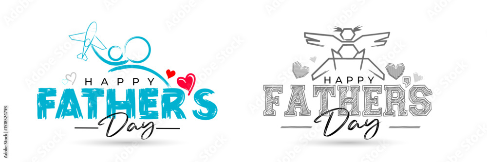 Obraz premium Happy Father's day holiday greeting card drawing painting and design. Set of logotype with father lifting kids.