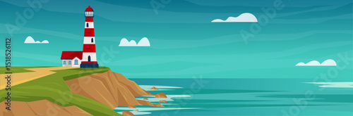 Minimalist Vector of a Lighthouse on a Cliff Overlooking the Sea – Scenic Coastal Landscape with Waves, Sky, Clouds and Rocky Relief – Calm Modern Illustration in Flat Style
