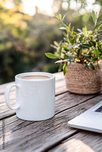 Minimalist morning coffee scene with plant and laptop