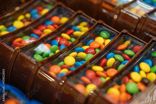 Wallpaper Mural A close-up of brown plastic dispensers filled with colorful chocolate candies in a store. Bright colors stand out inside compartments. Torontodigital.ca