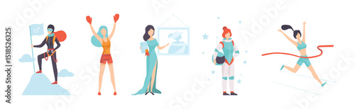 Strong Woman Character Achieve Goal Having Freedom Vector Set