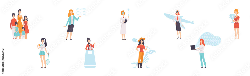 Strong Woman Character Achieve Goal Having Freedom Vector Set Strong Woman Character Achieve Goal Having Freedom Vector Set