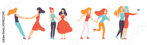Young Woman Friend Character Spend Time Together Vector Set