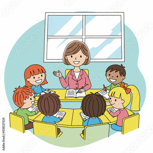 Simple Cartoon Illustration of Teacher with Diverse Children in Classroom

