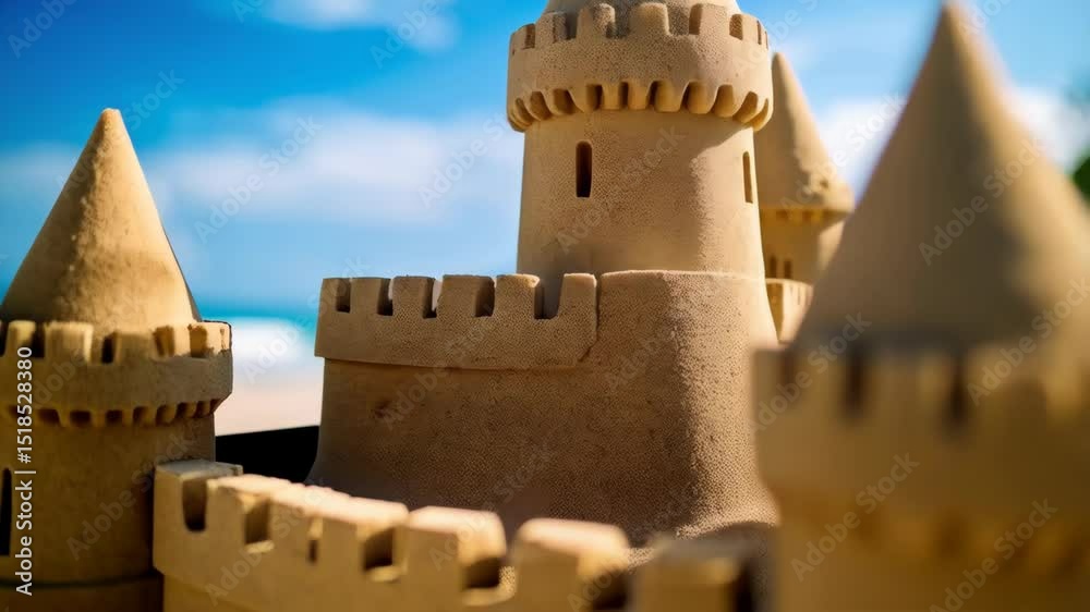 Detailed sandcastle with pointy towers on a sandy beach with turquoise water and blue sky on bright summer vacation day