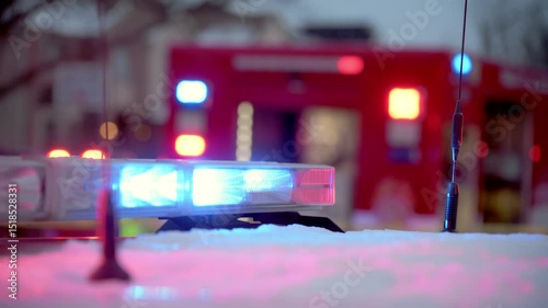 Stabile shot of police car and fire emergency vehicle lights on city street. 