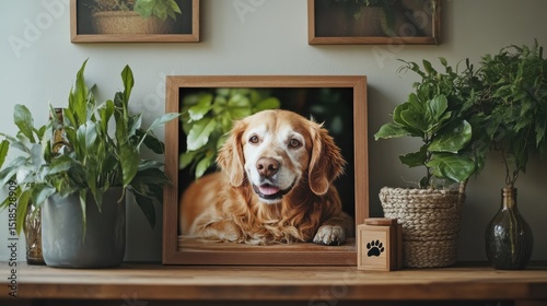 Framed photo of deceased dog with wooden memorial box urn featuring paw print, surrounded by plant vase, love, loss, and pet remembrance
