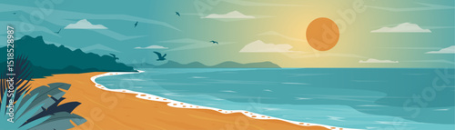 Minimalist Beach and Sea Banner – Flat Vector Illustration with Sand, Sun, Birds, Plants and Distant Rock in Soft Modern Colors