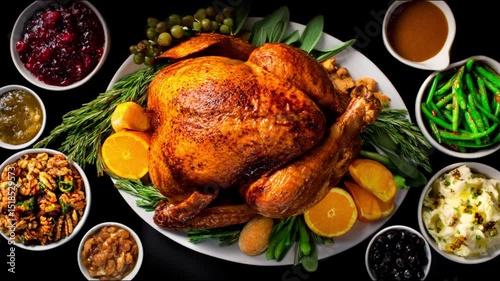 Delicious roasted turkey surrounded by a variety of side dishes, perfect for a festive meal.
