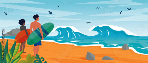 minimalist-vector-illustration-two-surfers-facing-sea-on-beach-with-surfboards-tropical-plants-rocks-blue-sky-and-seagulls-coastal-summer-landscape