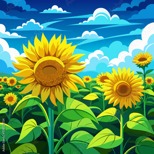 Vibrant Sunflowers in a Field Under a Sunny Sky