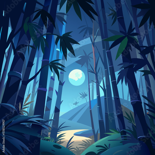 Serene Nighttime Bamboo Forest Under a Full Moon