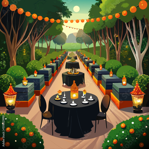 Romantic Dinner Setting in a Lush Orange Grove Garden