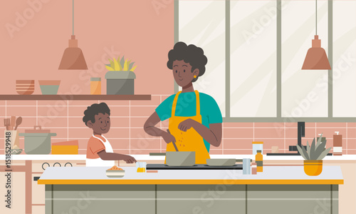 Un mère et son enfant qui prépare un repas ensemble dans une cuisine - Illustration éditable minimaliste pour symboliser une activité familiale du quotidien, un moment de partage convivial simple