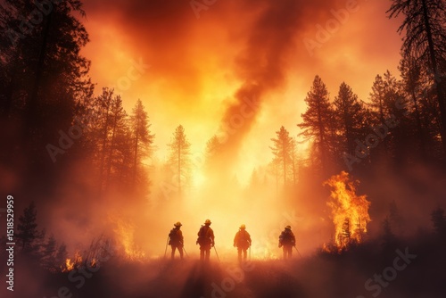 Firefighters confront wildfires in a forest environment with smoke and flames enveloping the area