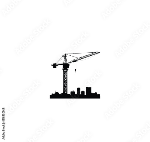 Silhouette of building crane in skyline on white background