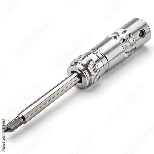 Silver metal screwdriver isolated on white background, a hand tool for repair and maintenance, featuring a knurled grip and precision tip for professional use