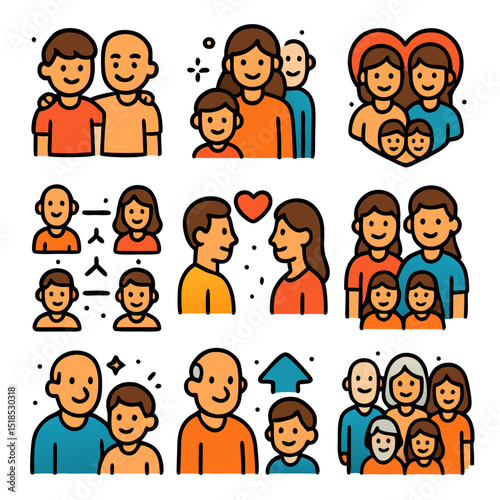 Family relationships beautifully depicted in illustrations of families and couples, suitable for familyrelated products and services marketing materials.
