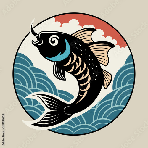 Japanese Style Black Koi Fish Jumping Over Waves